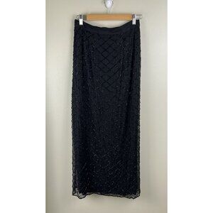 CACHE Vtg 90’s Silk Fully Beaded Maxi Skirt Sz Sm Black‎ Slit 100% Silk (Flaws)